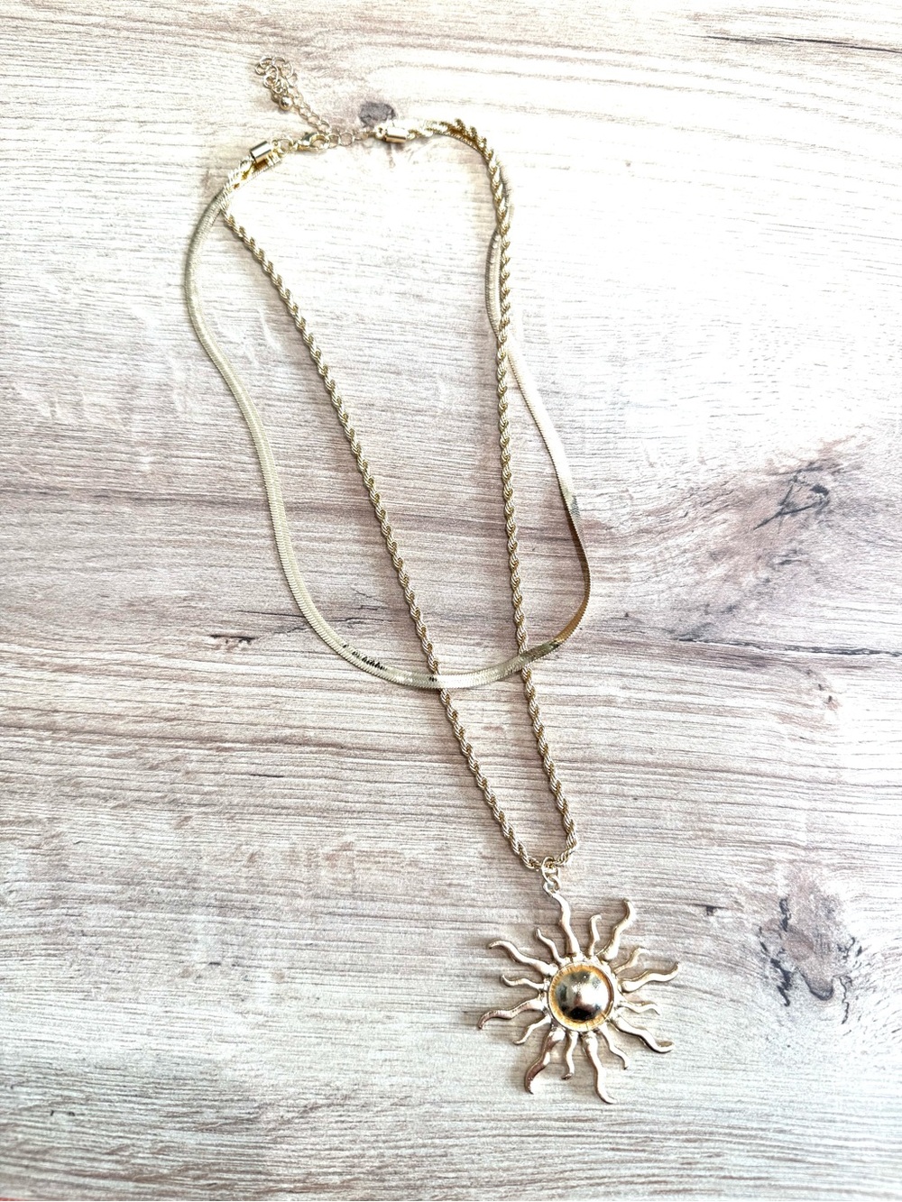 Gold Filled Double Chain Sunburst Pendant Necklace -